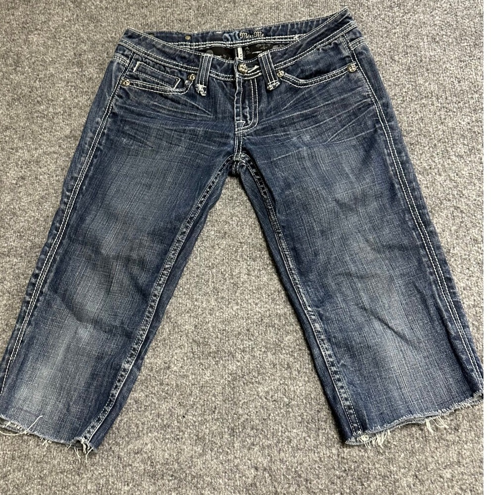 Miss Me Capri Jeans Womens Size 28 Midnight Slim Fleur De Lis Raw Hem JP4369